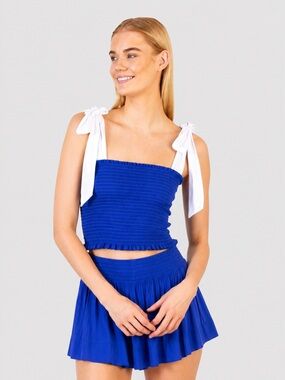 Koch Royal Blue Smocked Tube Top with White Tie Straps Medium And Skort XS